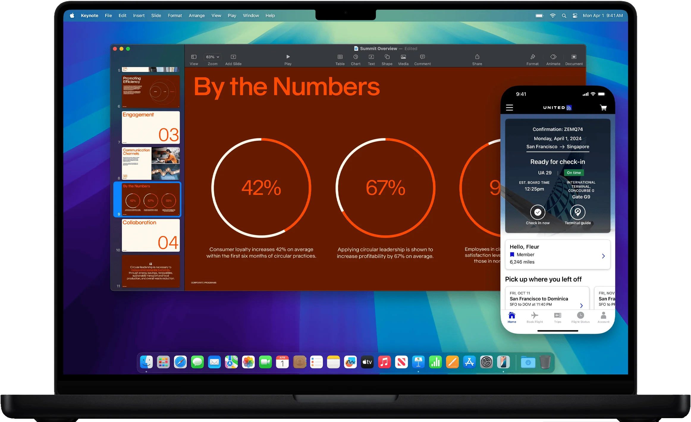 Space Black MacBook Pro cut off from the right at the side of a box showcasing macOS Sequoia's advantages